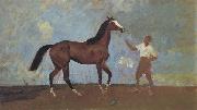 Sir Alfred Munnings,P.R.A The Racehorse 'Amberguity'  Held by Tom Slocombe Spain oil painting artist